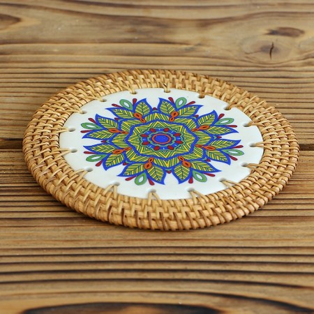 Rattan Çerçeveli 14 cm. Renkli Lale Desenli Dekoratif Obje