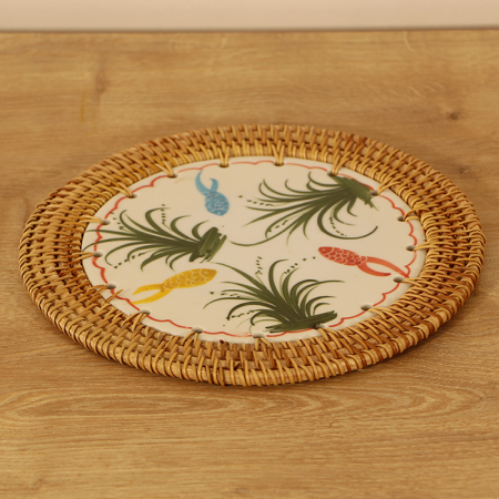 Rattan Çerçeveli 20 cm. Kırmız & Sarı & Mavi Balık Desenli Dekoratif Obje & Nihale