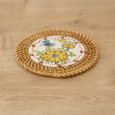 Rattan Çerçeveli 12 cm. Sarı & Mavi Desenli Dekoratif Obje