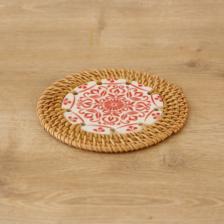 Rattan Çerçeveli 12 cm. Kırmızı Geometrik Desenli Dekoratif Obje