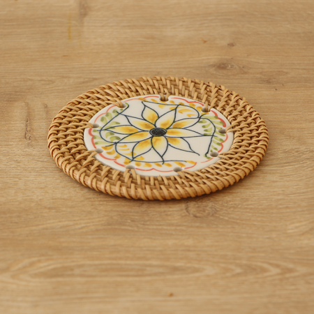 Rattan Çerçeveli 12 cm. Sarı Çiçek Desenli Dekoratif Obje