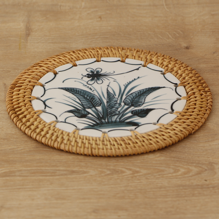 Rattan Çerçeveli 20 cm. Yaprak ve Yusufcuk Desenli Dekoratif Obje & Nihale