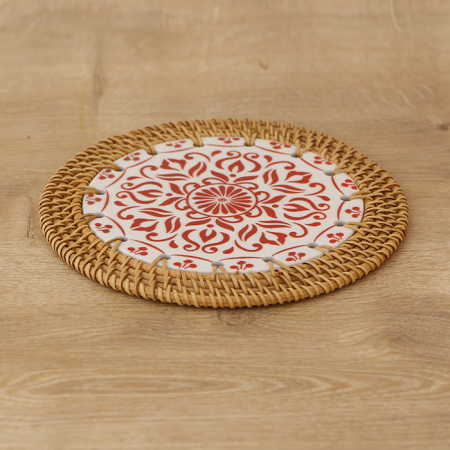 Rattan Çerçeveli 16 cm. Kırmızı Motif Desenli Dekoratif Obje