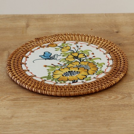 Rattan Çerçeveli 20 cm. Sarı Çiçek Mavi Kelebek Desenli Dekoratif Obje & Nihale