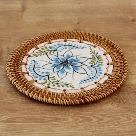 Rattan Çerçeveli 16 cm. Mavi Çiçek Desenli Dekoratif Obje