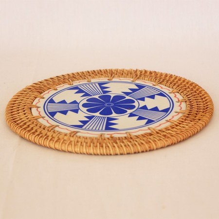 Rattan Çerçeveli 20 cm. Mavi Çiçek ve Geometrik Desenli Dekoratif Obje & Nihale