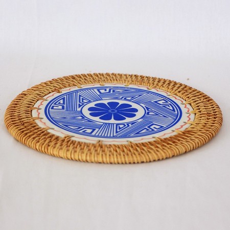 Rattan Çerçeveli 20 cm. Mavi Çiçek ve Çizgi  Desenli Dekoratif Obje & Nihale