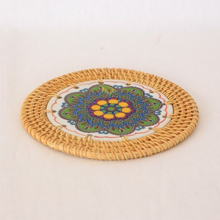 Rattan Çerçeveli 14 cm. Mandala Motifli Yeşil Renkli Dekoratif Obje