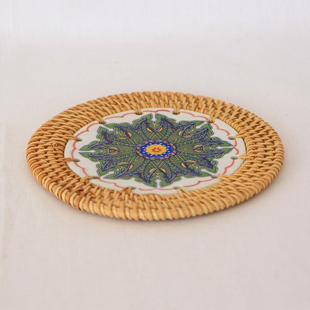 Rattan Çerçeveli 14 cm. Mandala Motifli Renkli Dekoratif Obje