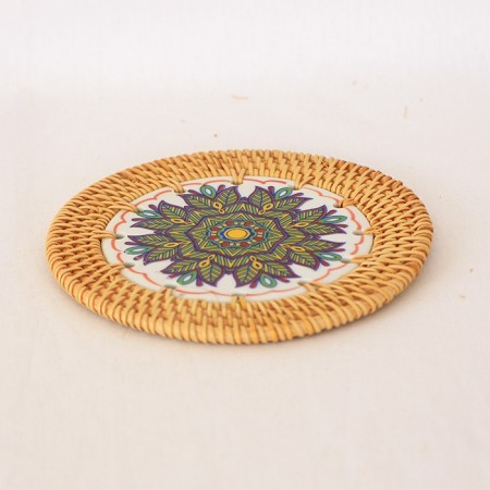 Rattan Çerçeveli 14 cm. Renkli Mandala Desenli Dekoratif Obje