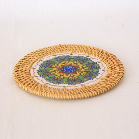 Rattan Çerçeveli 14 cm. Renkli Motif Desenli Dekoratif Obje